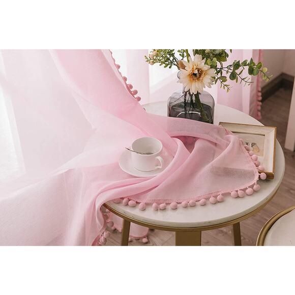 Sheer Curtains with Pom pom Linen Curtains Set of 2 Curtain Panels 54 X 53, Pink - Picture 3 of 12